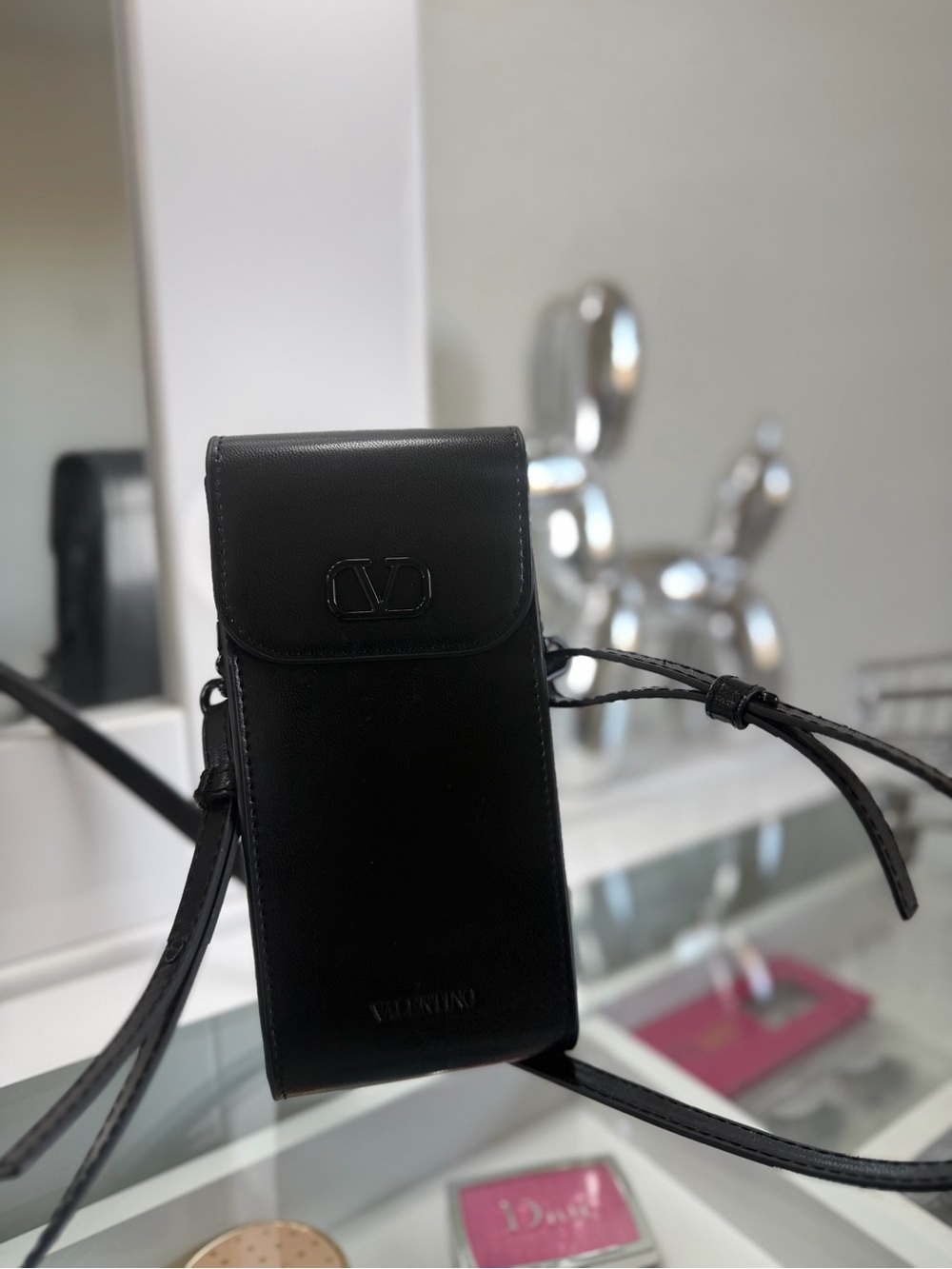 Valentino Black Leather Vertical Crossbody Phone Pouch - Picture 2 of 4